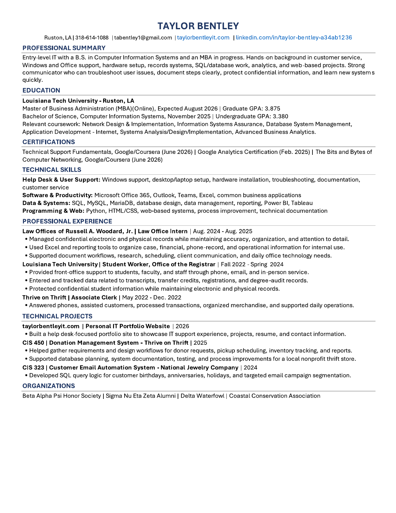 Preview of Taylor Bentley's resume